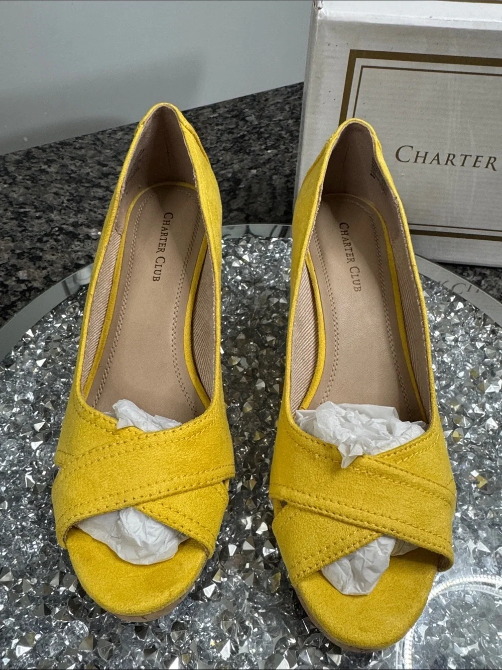 Charter Club Toniiem Yellow Cork Wedge Peep-Toe Heels NEW 8